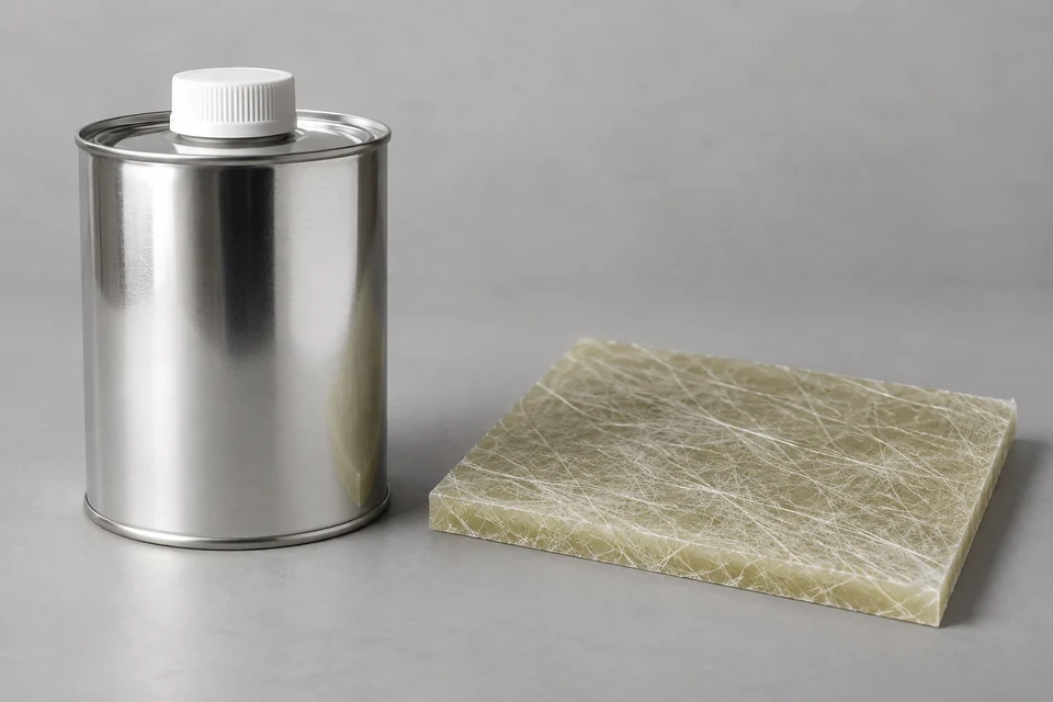 sealed plain container of unsaturated polyester resin beside a cured fibreglass laminate sample, no labels