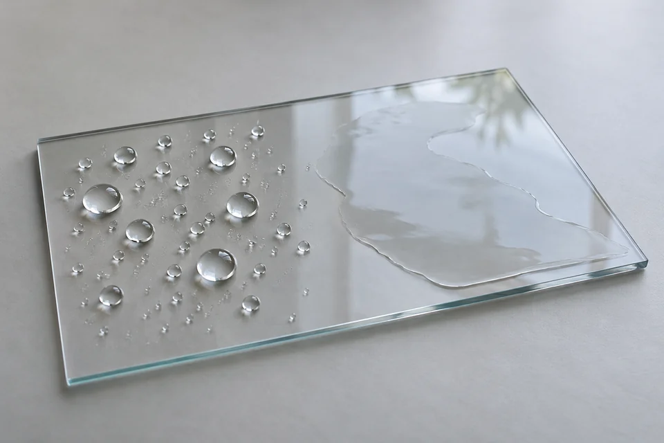 UV-cured hydrophilic coating represented by droplets spreading on a coated clear panel, realistic product sample