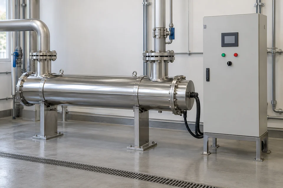 A stainless inline water UV disinfection reactor with two water pipe flanges and lamp access end cap, separate control cabinet beside it, clean utility room.