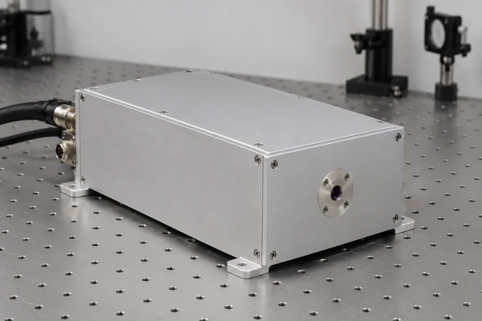 a complete unbranded enclosed ultraviolet laser source, a compact metal industrial laser housing with a small output aperture and electrical connectors on an optical laboratory bench; the laser is not operating, absolutely no visible beam, no purple line or glow