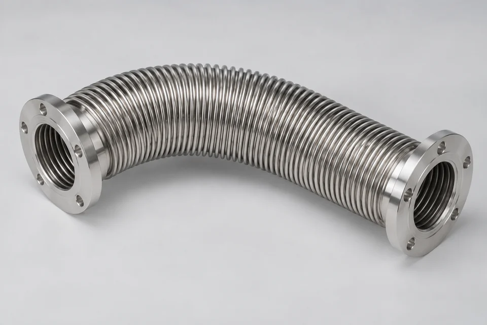 flexible corrugated stainless steel vacuum bellows with a circular vacuum flange at each end