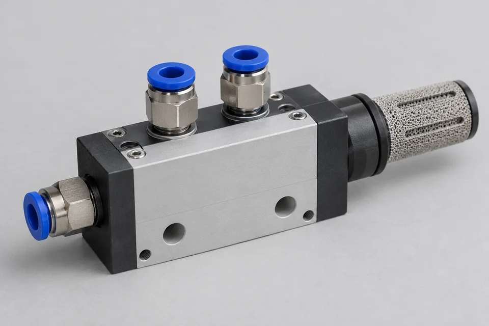 compact industrial pneumatic vacuum ejector block with air connection, vacuum ports and small silencer