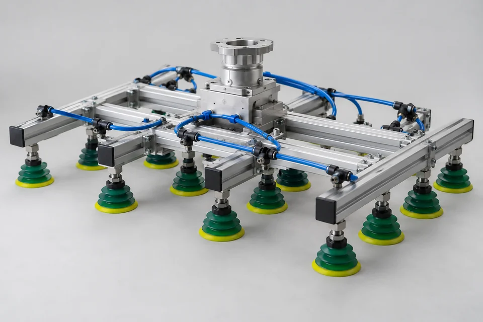 industrial vacuum gripper with aluminum manifold and an array of flexible suction cups