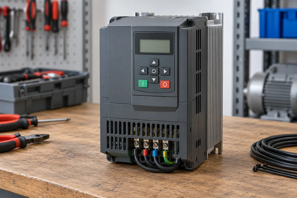 An industrial variable frequency drive with front keypad, lower guarded terminal connections and rear cooling fins on a technician bench; no logos.