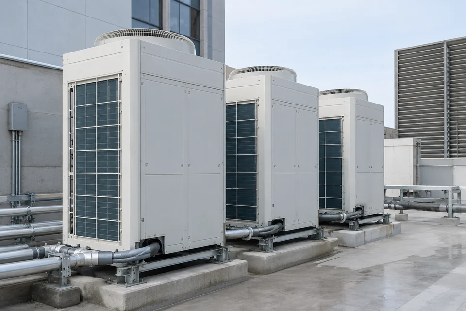 variable refrigerant flow outdoor unit array in commercial building service area
