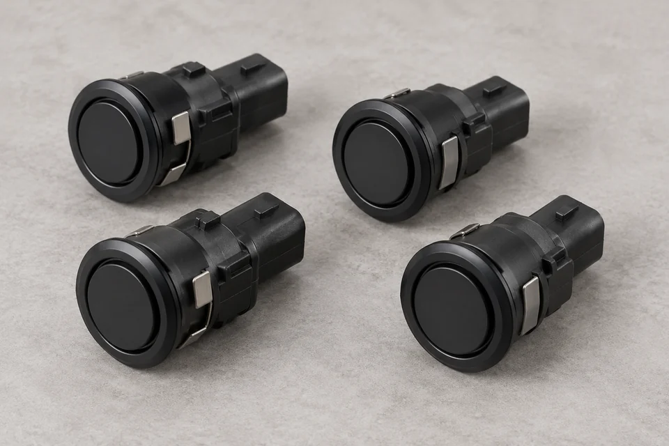 Four round automotive parking ultrasonic sensor heads, each with a smooth circular face, side clips and a rear electrical plug, on a neutral tabletop.