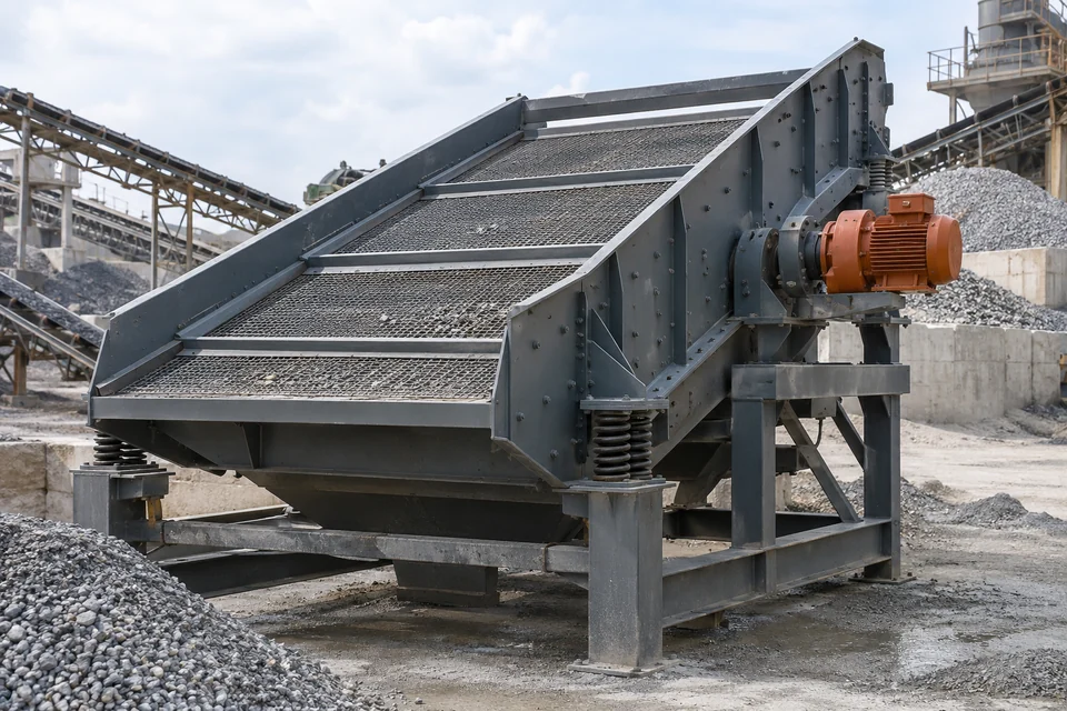 large industrial vibrating screen with tensioned metal mesh deck and drive motor in a mineral processing area