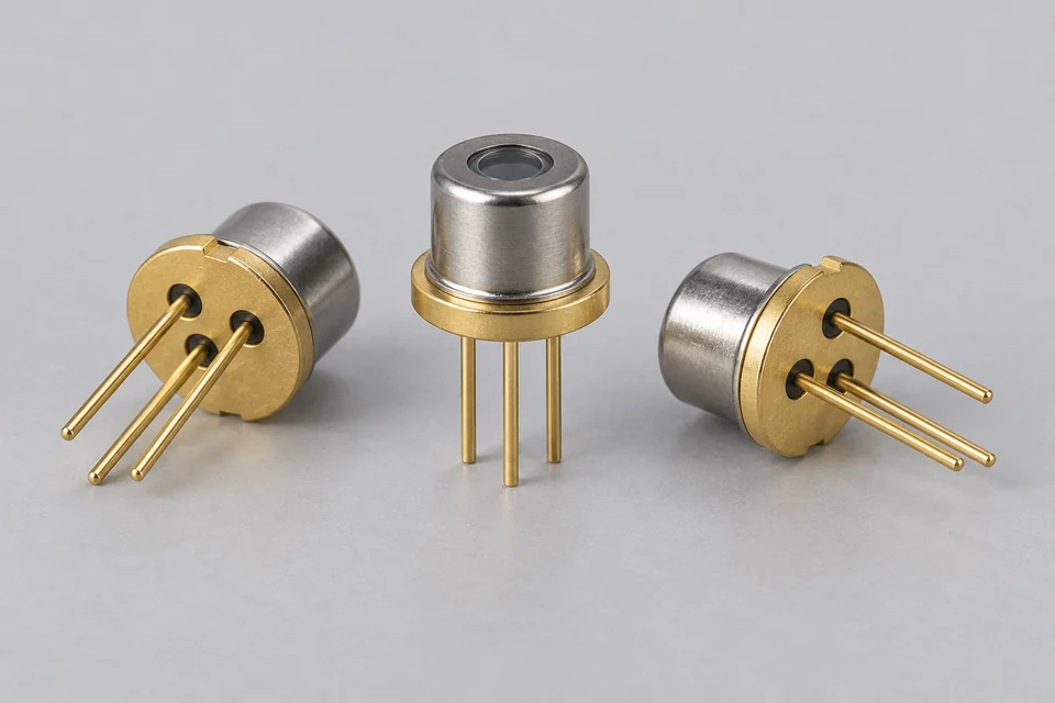 Three metal CAN laser diode component packages with optical windows and three separate pins