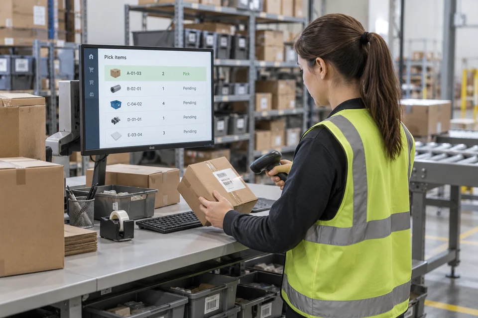 A warehouse picking station with a monitor showing a restrained generic inventory and bin location interface, barcode handheld and cartons nearby, realistic software application scene.