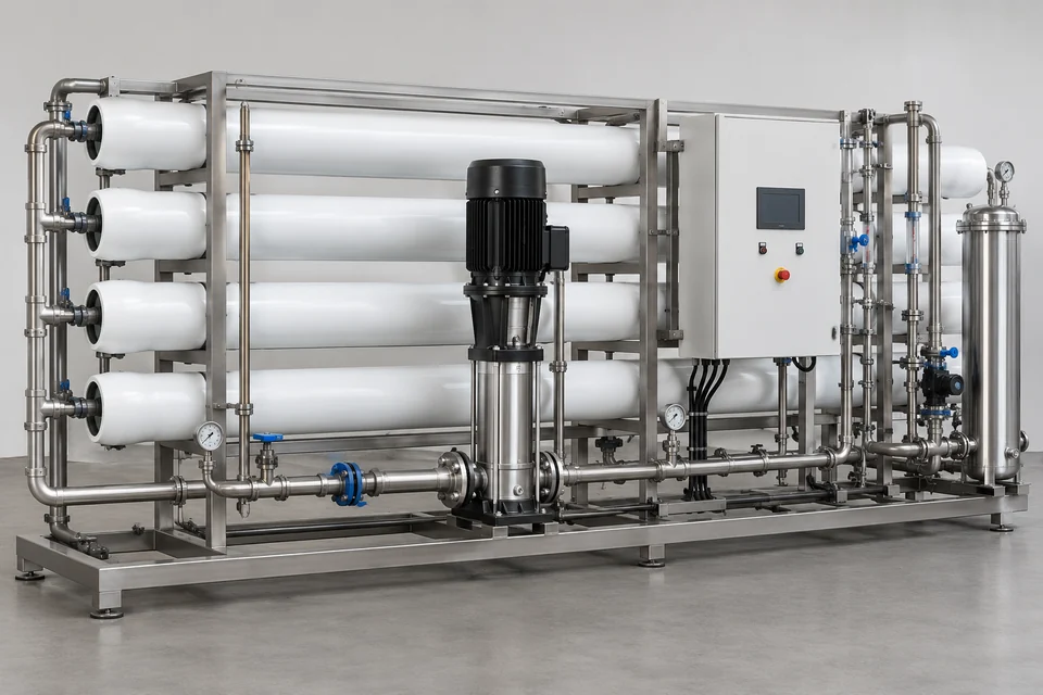 A reverse osmosis desalination skid with horizontal white membrane pressure vessels, stainless feed pump and tidy pressure pipework, whole system visible.