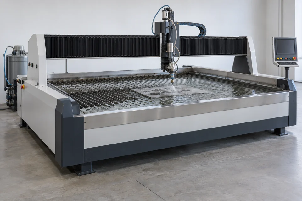 abrasive waterjet cutting machine with gantry cutting head over a water filled slatted work tank