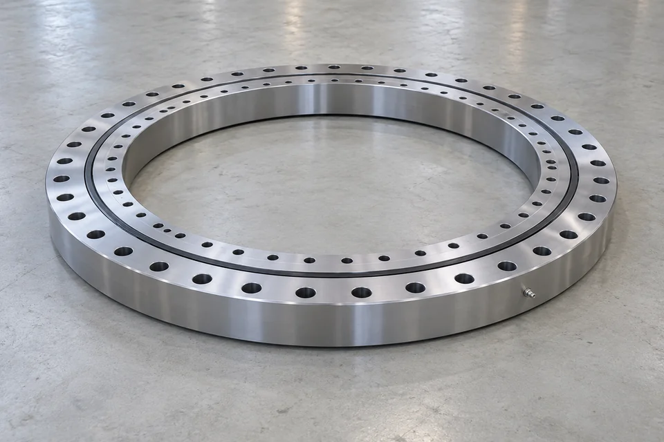 Complete wind-turbine pitch slewing bearing with concentric steel rings, bolt holes, sealing seam and grease port