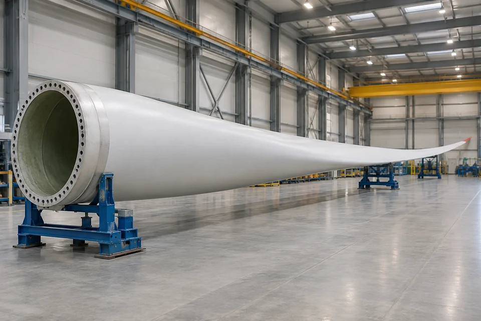 complete wind turbine blade section exterior in manufacturing hall, no internal cutaway