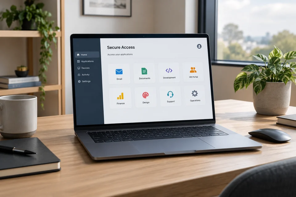 zero trust network access software represented by laptop with application access interface in realistic remote work office