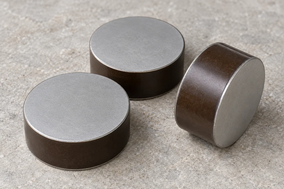 Three bare cylindrical varistor blocks with flat metallized contact faces and dark passivated collars