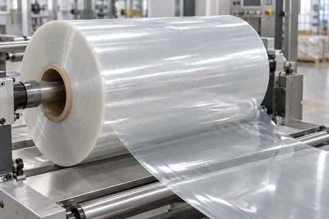 A wide roll of flexible multilayer packaging film on a cardboard core with a short smooth film tail, factory converting bench, realistic transparent glossy film.
