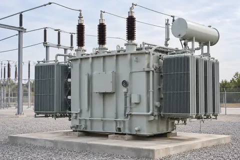 A utility power transformer with external cooling radiator banks, top bushings and conservative steel tank on a substation concrete pad, whole equipment visible.